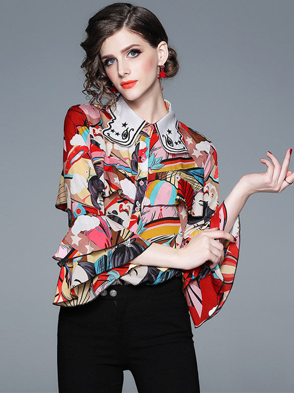 CM-TF111521 Women Charming Seoul Style Doll Collar Floral Flare Sleeve Blouse