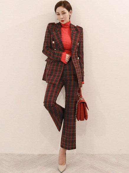 CM-SF111610 Women Elegant Seoul Style Tailored Collar Plaids Slim Leisure Long Suits - Set