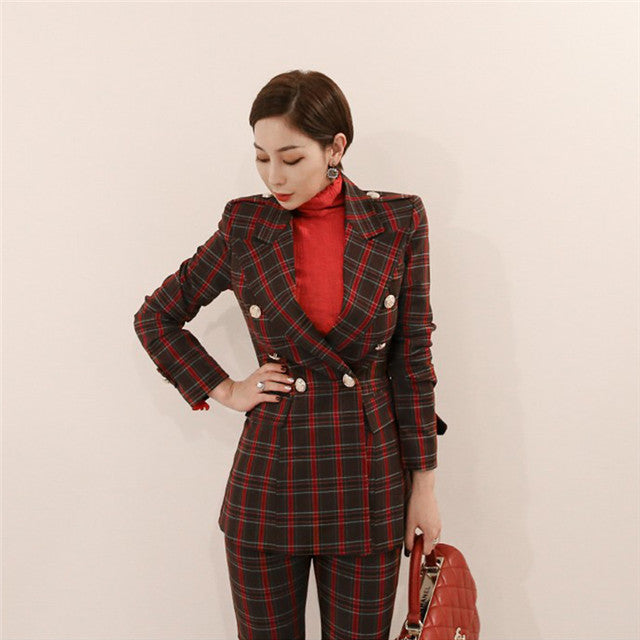 CM-SF111610 Women Elegant Seoul Style Tailored Collar Plaids Slim Leisure Long Suits - Set