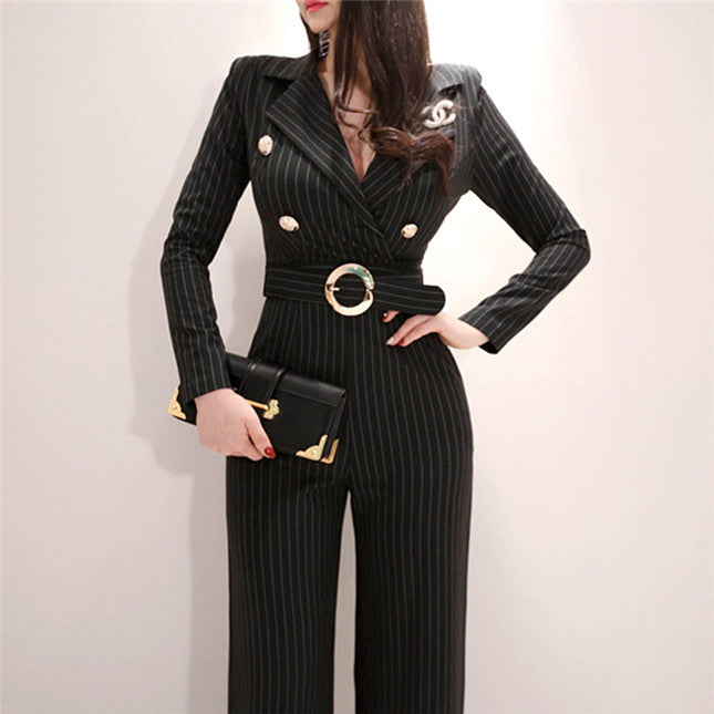 CM-JF111918 Women Elegant Seoul Style Tailored Collar Fitted Waist Stripes Long Jumpsuit - Black
