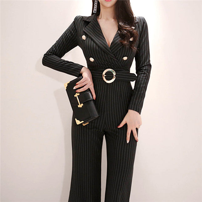 CM-JF111918 Women Elegant Seoul Style Tailored Collar Fitted Waist Stripes Long Jumpsuit - Black