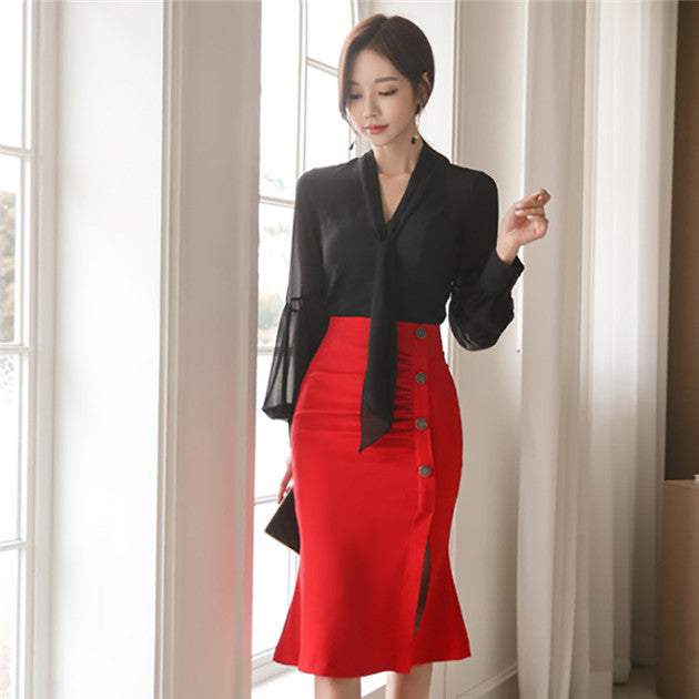CM-SF112140 Women Elegant Tie Collar Puff Sleeve Blouse With High Waist Fishtail Skirt - Set