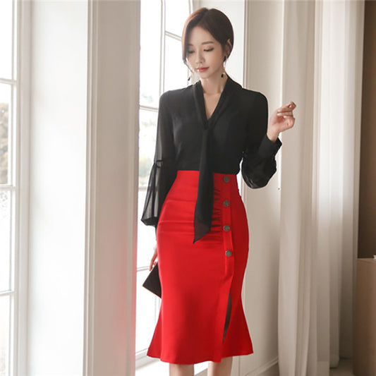 CM-SF112140 Women Elegant Tie Collar Puff Sleeve Blouse With High Waist Fishtail Skirt - Set