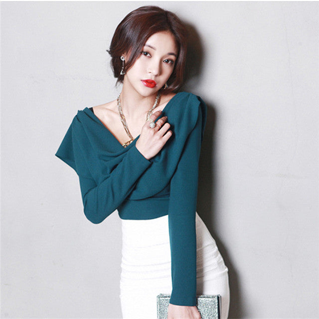 CM-SF112227 Women Charming Seoul Style Heaps Collar Blouse With Slim Midi Skirt - Set