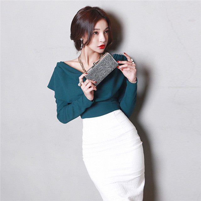 CM-SF112227 Women Charming Seoul Style Heaps Collar Blouse With Slim Midi Skirt - Set