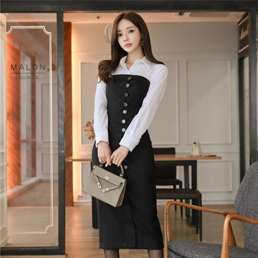 CM-SF112328 Women Stylish Shirt Collar Blouse With Single-breasted Strapless Slim Dress - Set