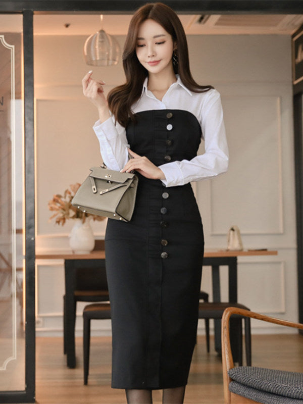 CM-SF112328 Women Stylish Shirt Collar Blouse With Single-breasted Strapless Slim Dress - Set
