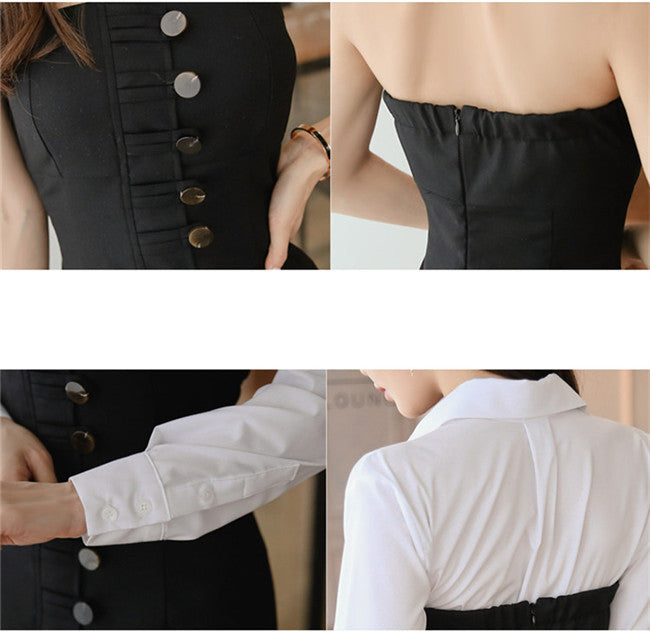 CM-SF112328 Women Stylish Shirt Collar Blouse With Single-breasted Strapless Slim Dress - Set