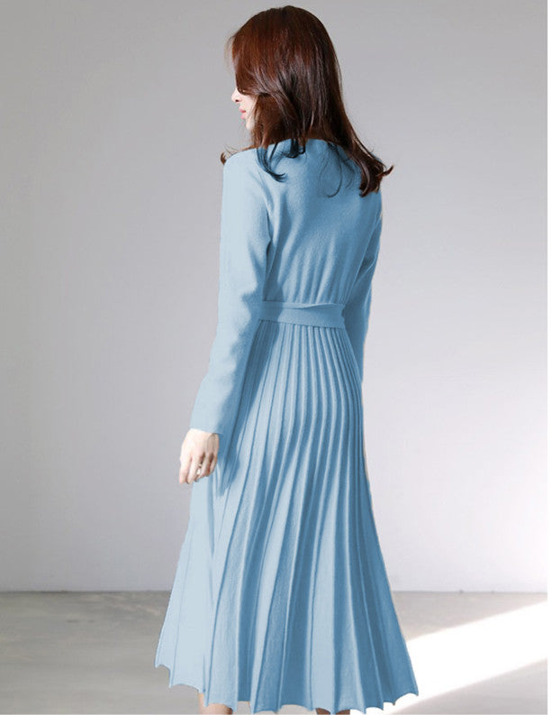 CM-DF112610 Women Preppy Seoul Style Long Sleeve V-Neck Pleated Knitting Midi Dress - Blue