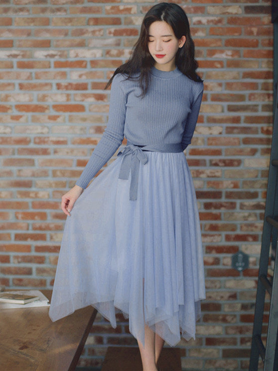 CM-SF120406 Women Casual Seoul Style Blue Knit Blouse With Gauze Fluffy Skirt - Set
