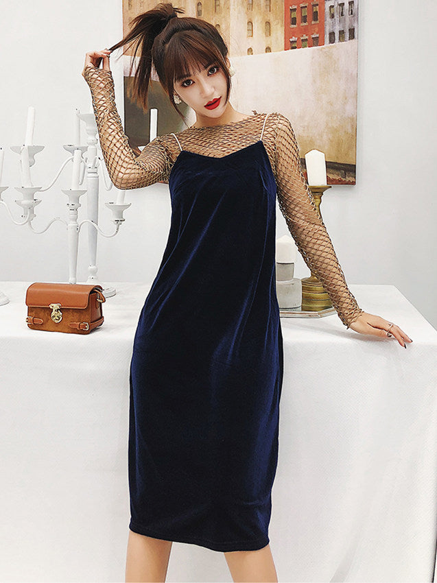 CM-SF120411 Women Elegant Stylish Hollow Out Blouse With Velvet Straps Dress - Set