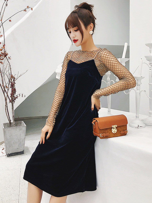 CM-SF120411 Women Elegant Stylish Hollow Out Blouse With Velvet Straps Dress - Set