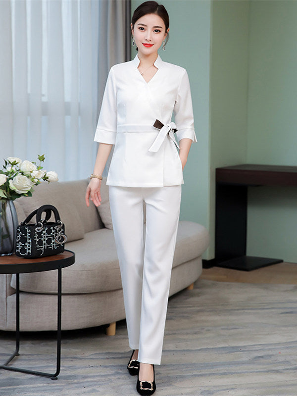 CM-SF120601 Women Elegant Modern Tie Waist Mid-Sleeve Top With Elastic Waist Long Pants - Set
