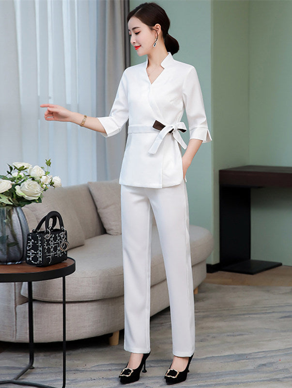 CM-SF120601 Women Elegant Modern Tie Waist Mid-Sleeve Top With Elastic Waist Long Pants - Set