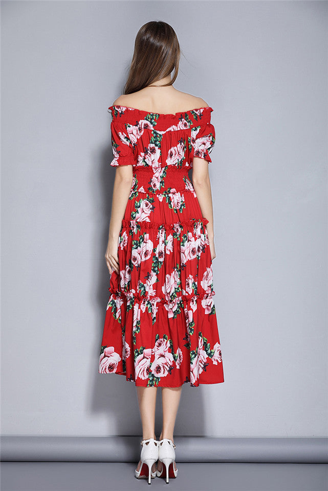 CM-DF120619 Women Casual Charming Seoul Style Boat Neck Floral Elastic Long Dress - Red