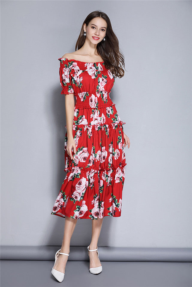 CM-DF120619 Women Casual Charming Seoul Style Boat Neck Floral Elastic Long Dress - Red