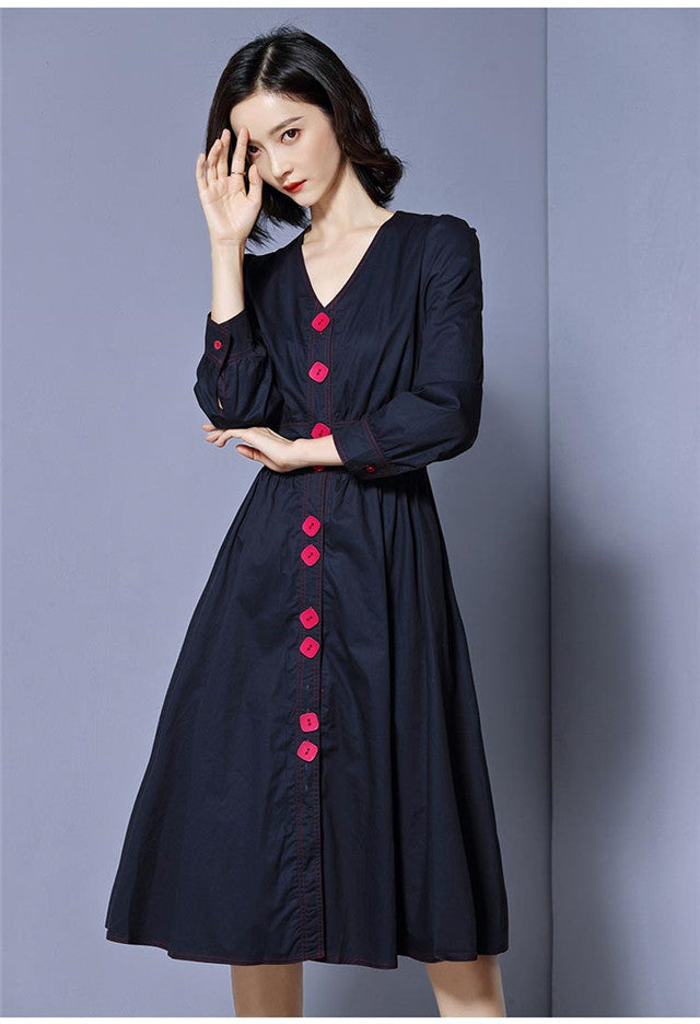 CM-DF120630 Women Casual Seoul Style Single-Breasted V-Neck A-Line Dress - Navy Blue