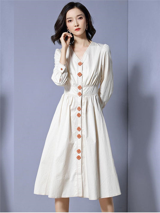 CM-DF120630 Women Casual Seoul Style Single-Breasted V-Neck A-Line Dress - Apricot