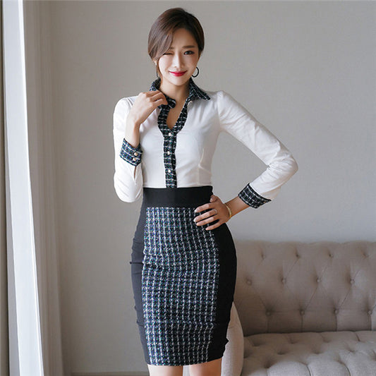 CM-SF120722 Women Elegant Seoul Style Collar Long Sleeve Blouse With Tweed Midi Skirt - Set