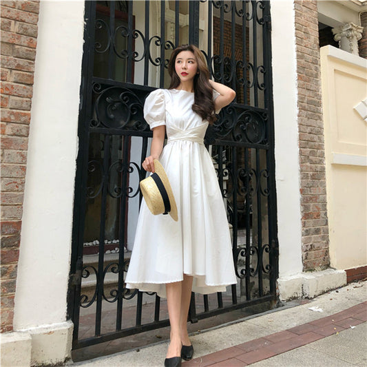 CM-DF120736 Women Preppy Seoul Style Puff Sleeve High Waist Dovetail Dress - White