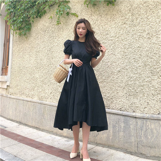 CM-DF120736 Women Preppy Seoul Style Puff Sleeve High Waist Dovetail Dress - Black