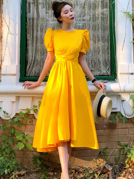 CM-DF120736 Women Preppy Seoul Style Puff Sleeve High Waist Dovetail Dress - Yellow