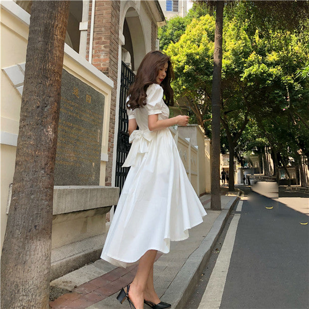 CM-DF120736 Women Preppy Seoul Style Puff Sleeve High Waist Dovetail Dress - White