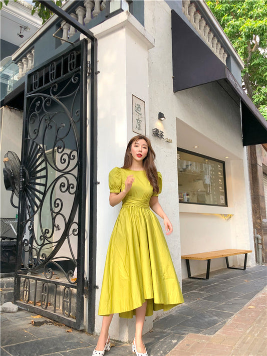 CM-DF120736 Women Preppy Seoul Style Puff Sleeve High Waist Dovetail Dress - Green