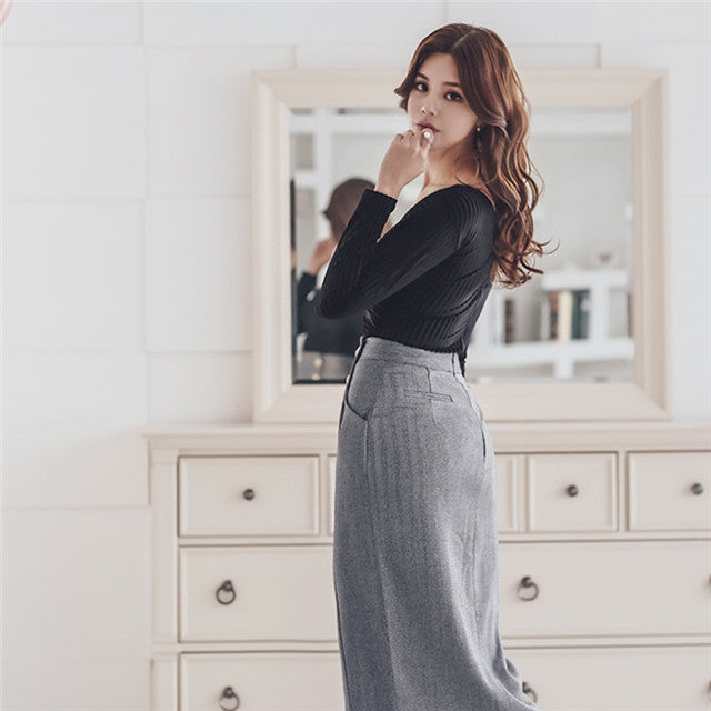 CM-SF120907 Women Casual Seoul Style V-Neck Cotton T-Shirt With Skinny Skirt - Set