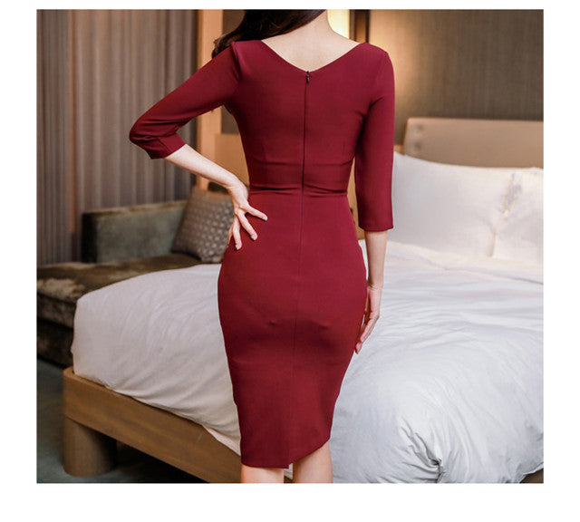 CM-DF120908 Women Casual Seoul Style 3/4 Sleeve Low Bust Fitted Waist Skinny Dress - Wine Red