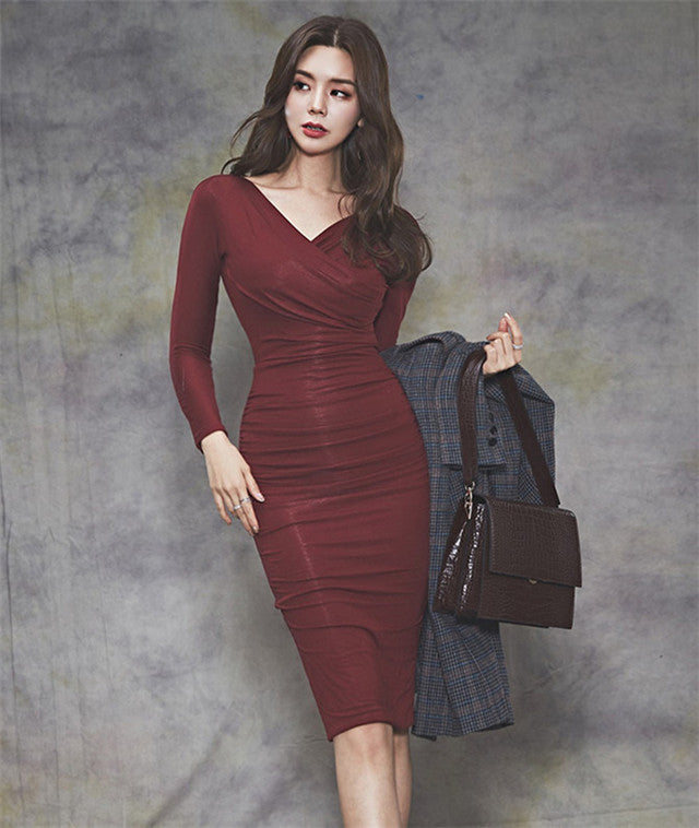 CM-DF120922 Women Casual Seoul Style Spring V-Neck Pleated Skinny Long Sleeve Dress - Wine Red