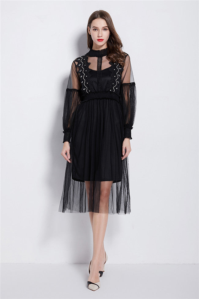 CM-DF121109 Women Elegant European Style Elastic Waist Gauze Fluffy Long Dress - Black