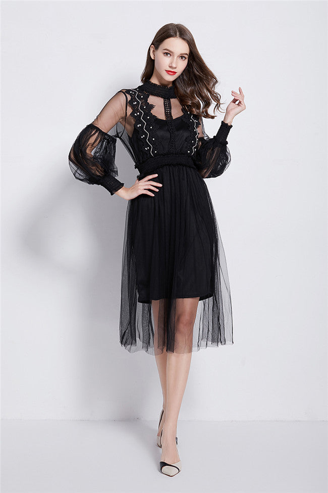 CM-DF121109 Women Elegant European Style Elastic Waist Gauze Fluffy Long Dress - Black