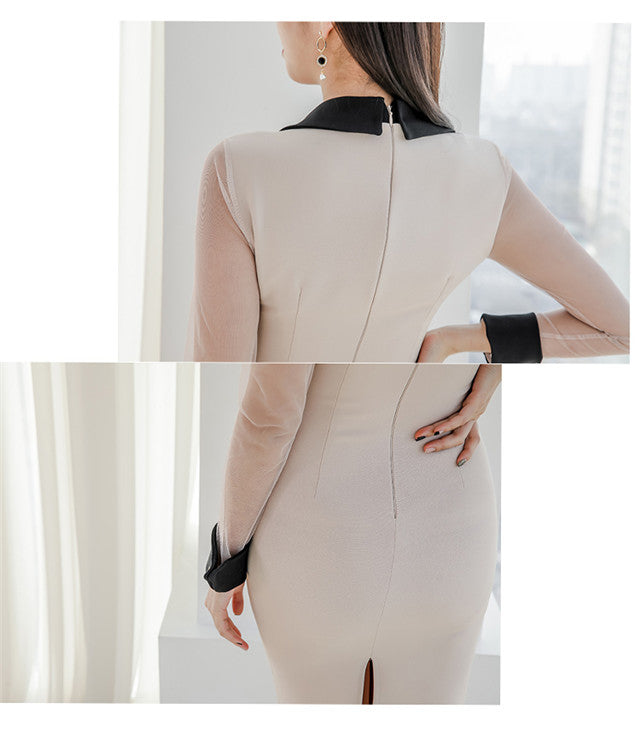 CM-DF121123 Women Modern Seoul Style  V-Neck Skinny Long Sleeve Dress - Apricot