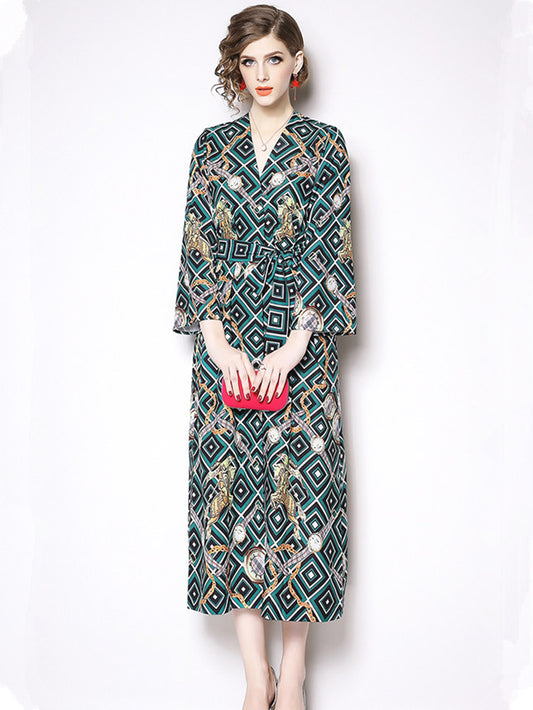 CM-DF121210 Women Casual Seoul Style Tie Waist V-Neck Plaids Floral Loosen Dress