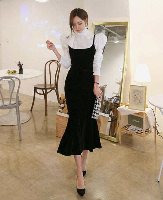 CM-SF121301 Women Elegant Seoul Style Bowknot Stand Collar Puff Sleeve Fishtail Dress Set