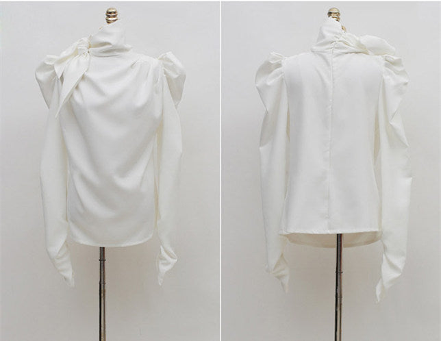 CM-SF121301 Women Elegant Seoul Style Bowknot Stand Collar Puff Sleeve Fishtail Dress Set