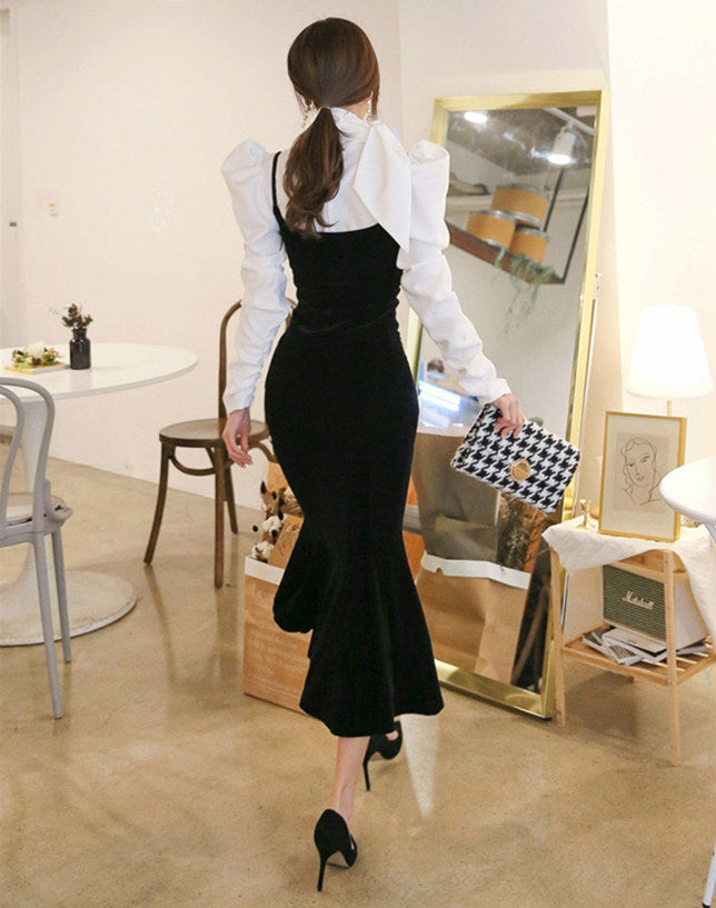 CM-SF121301 Women Elegant Seoul Style Bowknot Stand Collar Puff Sleeve Fishtail Dress Set