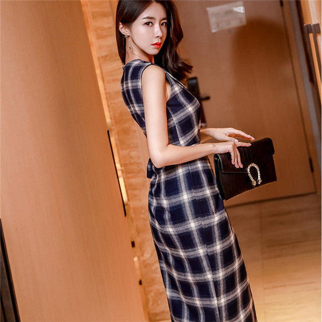 CM-DF121303 Women Casual Seoul Style V-Neck Tie Waist Plaids Bodycon Tank Dress