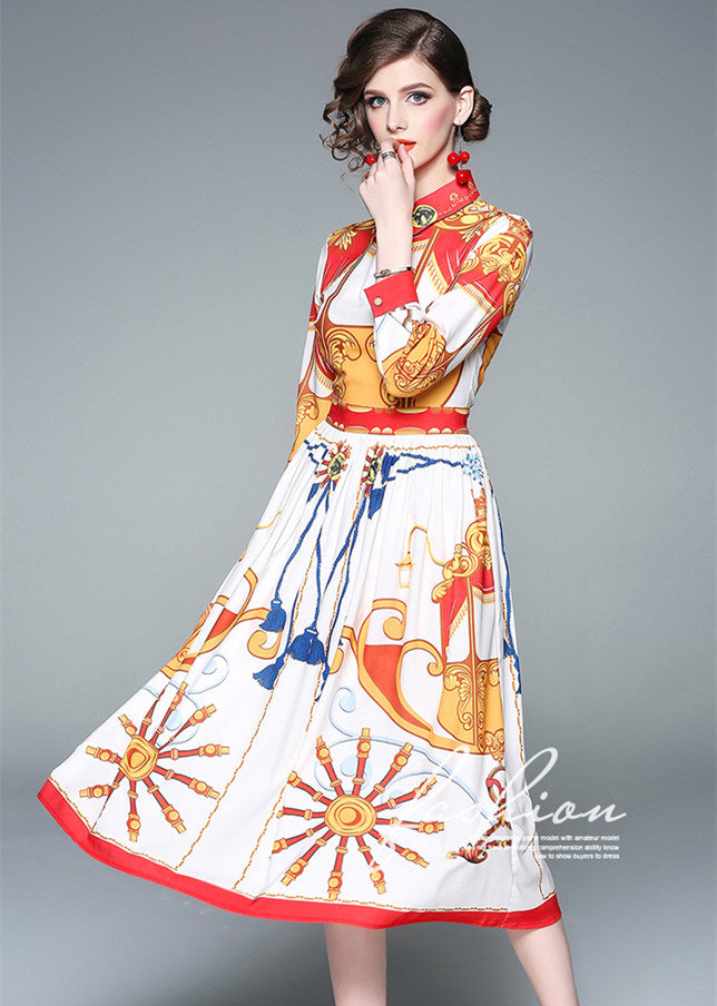 CM-DF121414 Women Elegant Seoul Style Spring Shirt Collar High Waist Floral Maxi Dress
