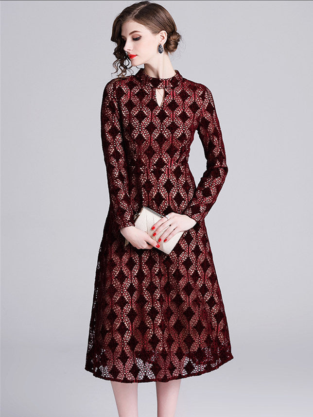 CM-DF121701 Women Casual Retro European Style High Waist Plaids Lace A-Line Dress - Wine Red