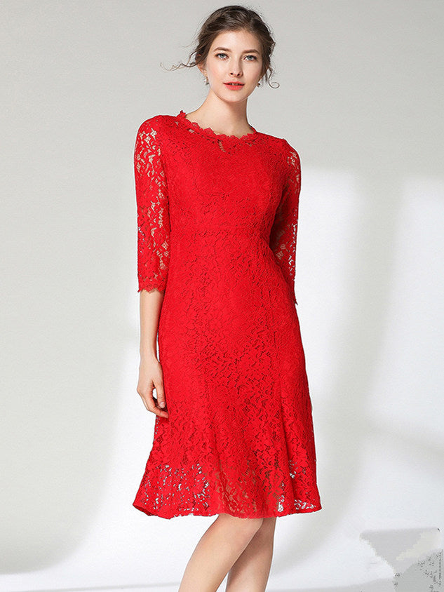 CM-DF121722 Women Casual European Style Round Neck Fishtail Bodycon Lace Dress - Red