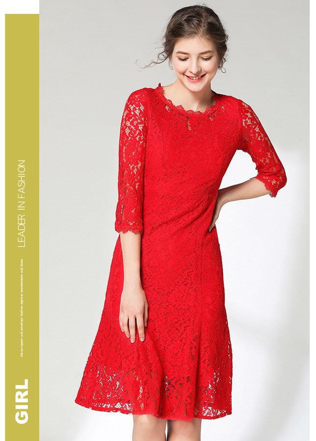 CM-DF121722 Women Casual European Style Round Neck Fishtail Bodycon Lace Dress - Red