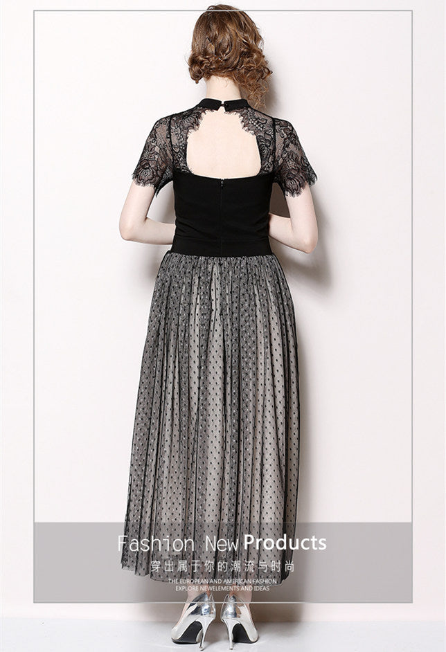 CM-DF121728 Women Elegant Seoul Style Bust Hollow Out Gauze Dots Lace Maxi Dress - Black