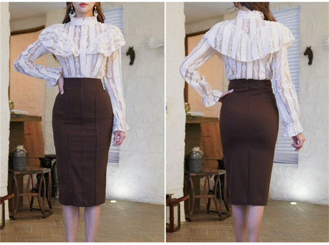 CM-SF121809 Women Elegant Seoul Style Flouncing Lace Blouse With Skinny Midi Skirt - Set