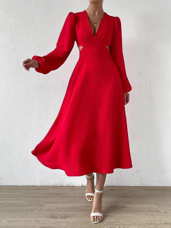 CM-DS303110 Women Elegant Seoul Style Plunging Neck Cut Out Waist Bishop Sleeve Dress