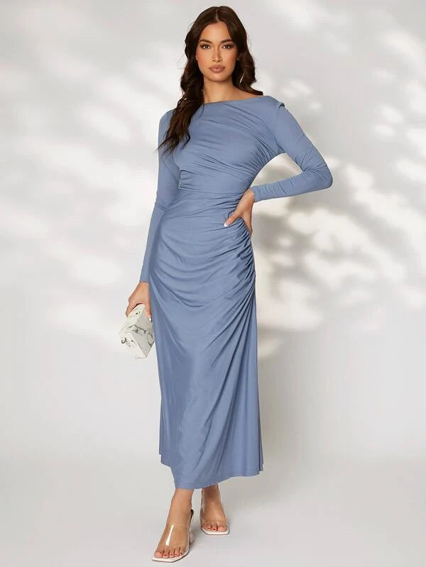 CM-DS362143 Women Elegant Seoul Style Boat Neck Solid Ruched Side Dress - Dusty Blue