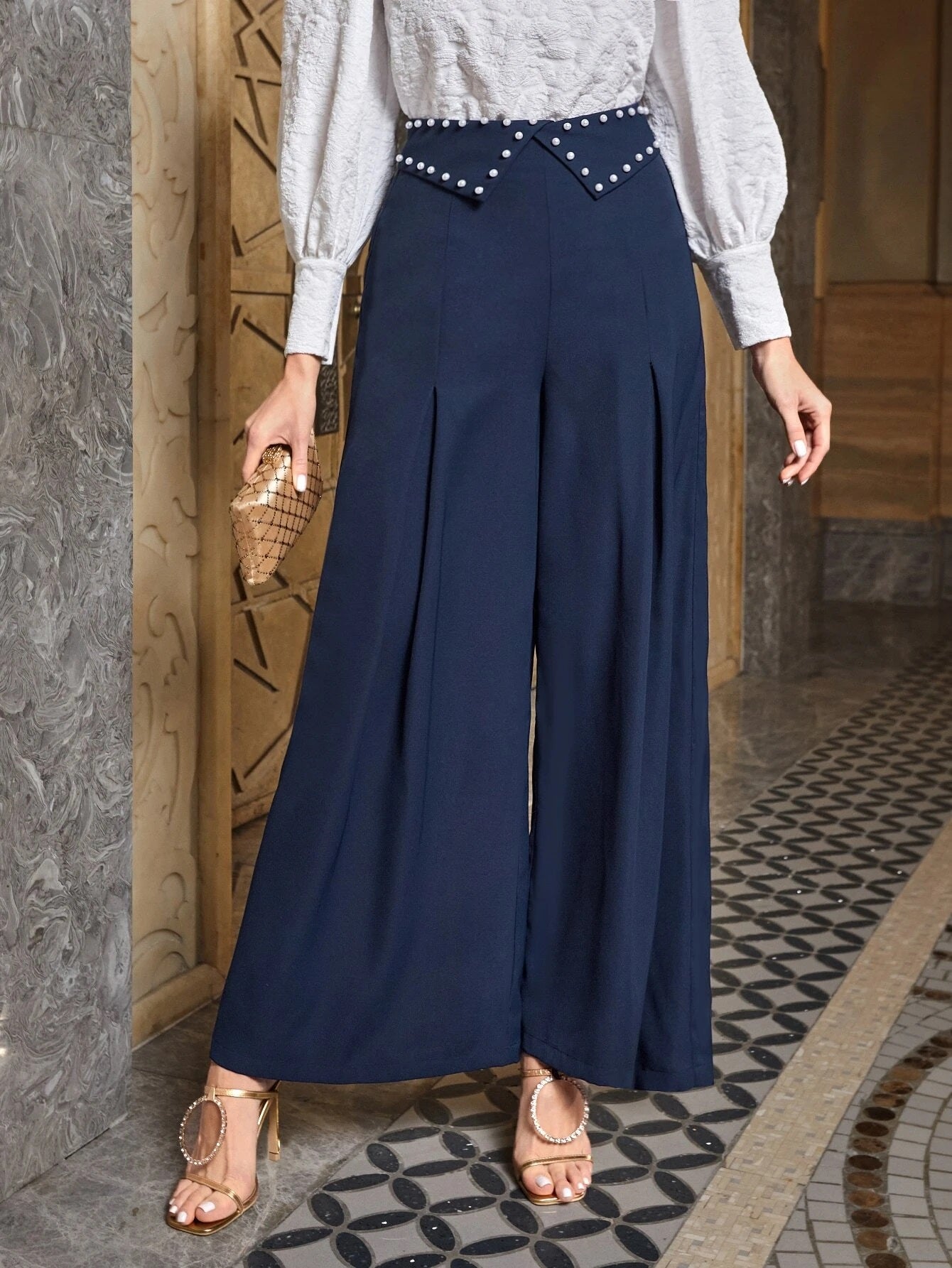 CM-BS853712 Women Elegant Seoul Style Pearls Beaded Foldover Waist Wide Leg Pants