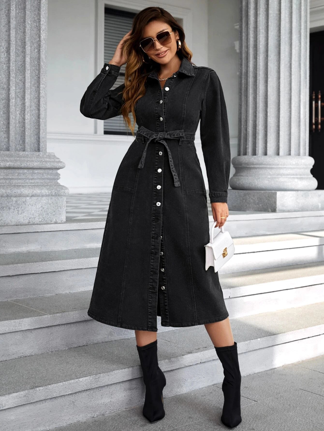 CM-DS441206 Women Casual Seoul Style Button Front Belted Denim Dress - Black