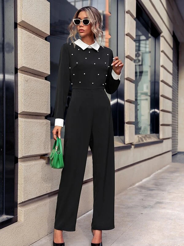 CM-JS714161 Women Elegant Seoul Style Contrast Collar Pearls Beaded Jumpsuit - Black